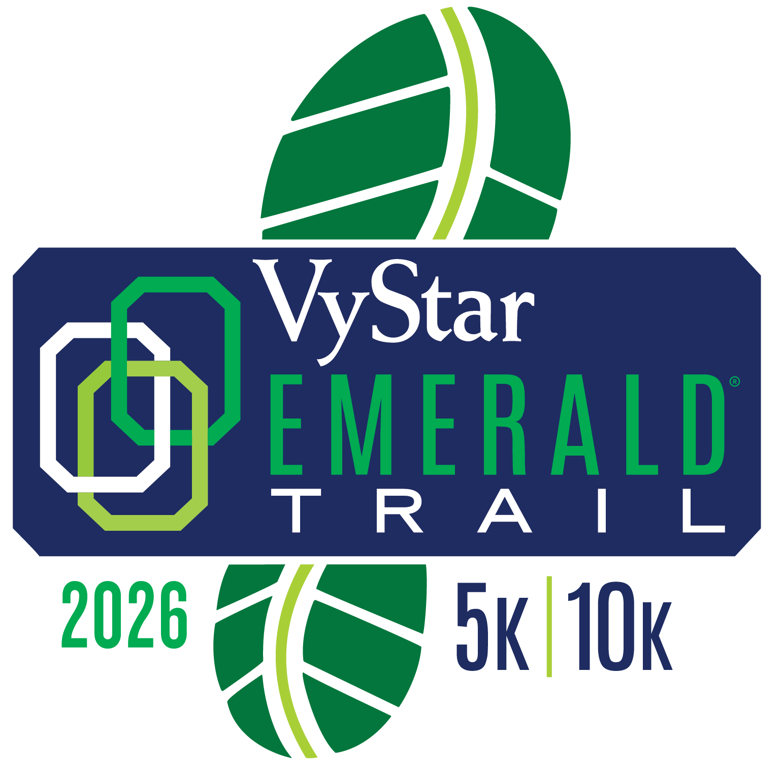 VyStar Emerald Trail 2026 5K, 10K & 1-Mile Fun Run logo and a female runner celebrating while running