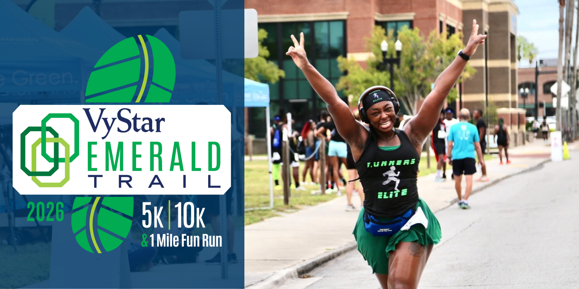 VyStar Emerald Trail 2026 5K, 10K & 1-Mile Fun Run logo and a female runner celebrating while running