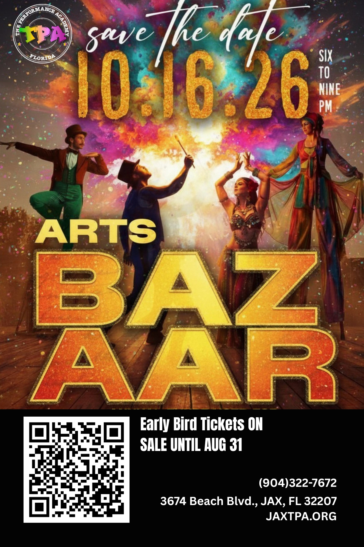 Save The Date. 10/16/26 from 6PM to 9PM. Arts Bazaar