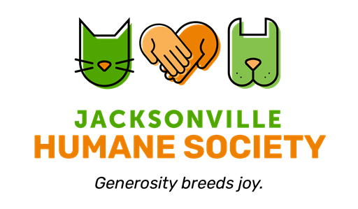 Logo for Jacksonville Humane Society on a black background. At the top are three stylized icons: a green cat face on the left, an orange heart formed by two hands shaking in the center, and a green dog face on the right. Below the icons, the words “J