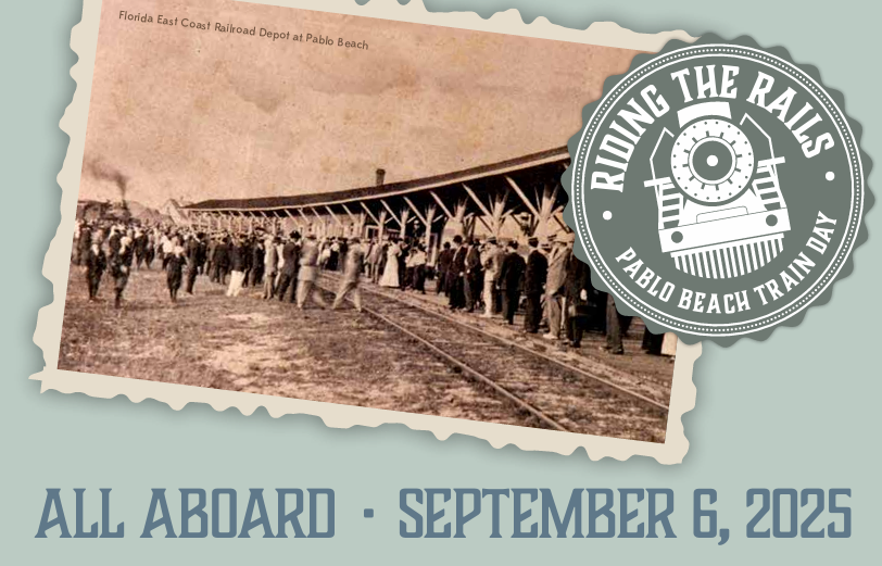 Vintage postcard graphic with Train Day logo and text: All Aboard: September 6, 2025