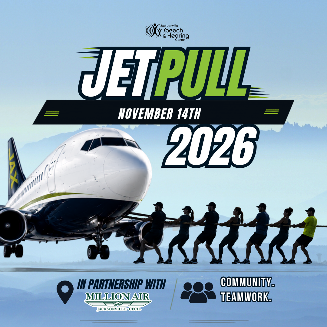 Jet Pull 2026 event teaser featuring an airplane being pulled by a team, with the Jacksonville Speech & Hearing Center logo and event date, November 14, 2026.